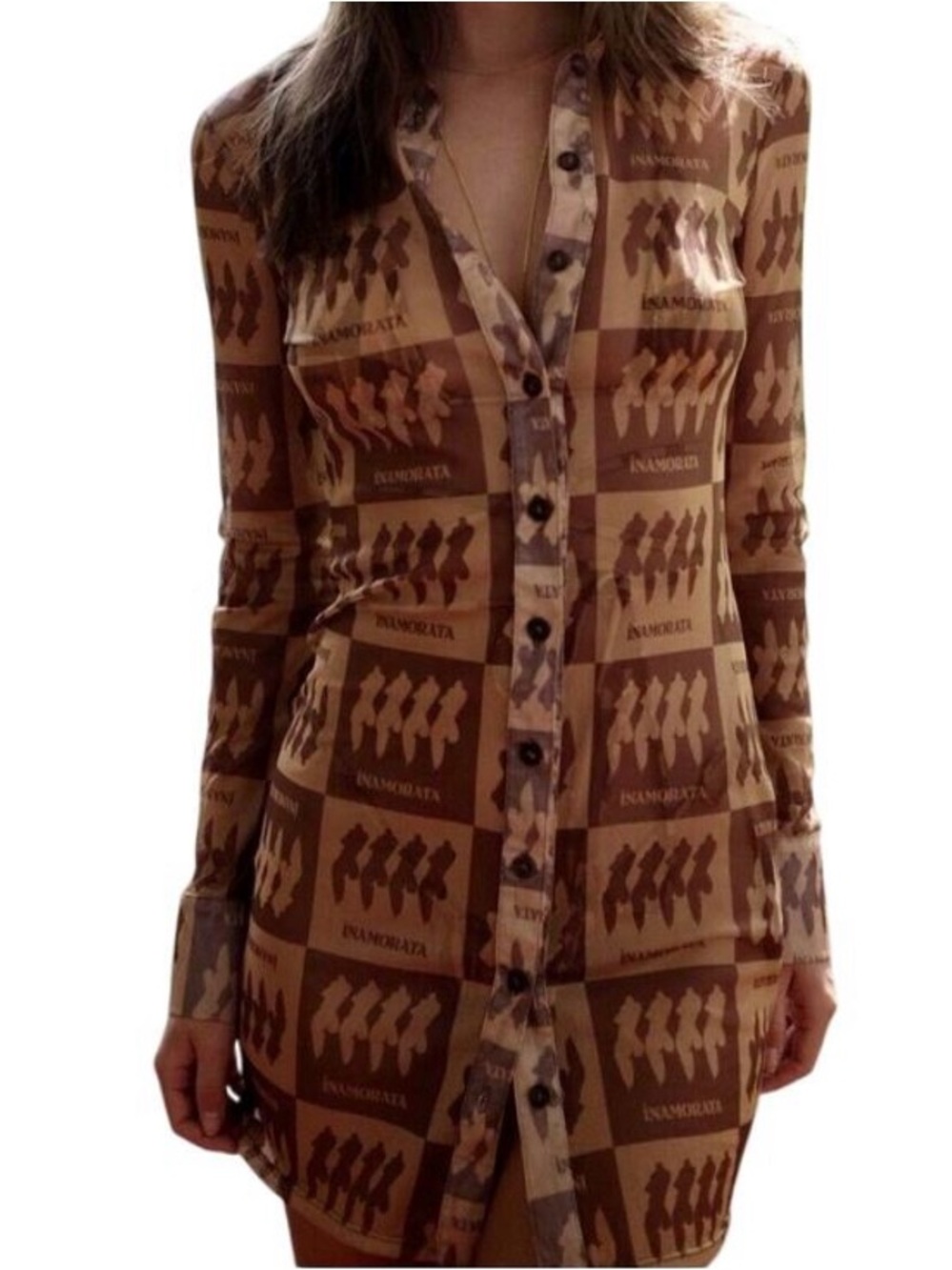 iNAMORATA RIVIERA BROWN CHECK MESH LONG SLEEVE MINI DRESS SMALL - MEDIUM